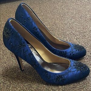 Badgley Mischka Blue & Black Lace Satin Heels 10 - Sanoma - Beautiful!